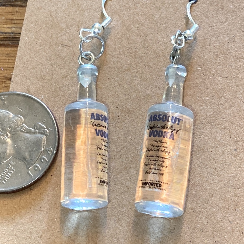 Hand made  vodka, miniature bottle, sterling, silver earrings.